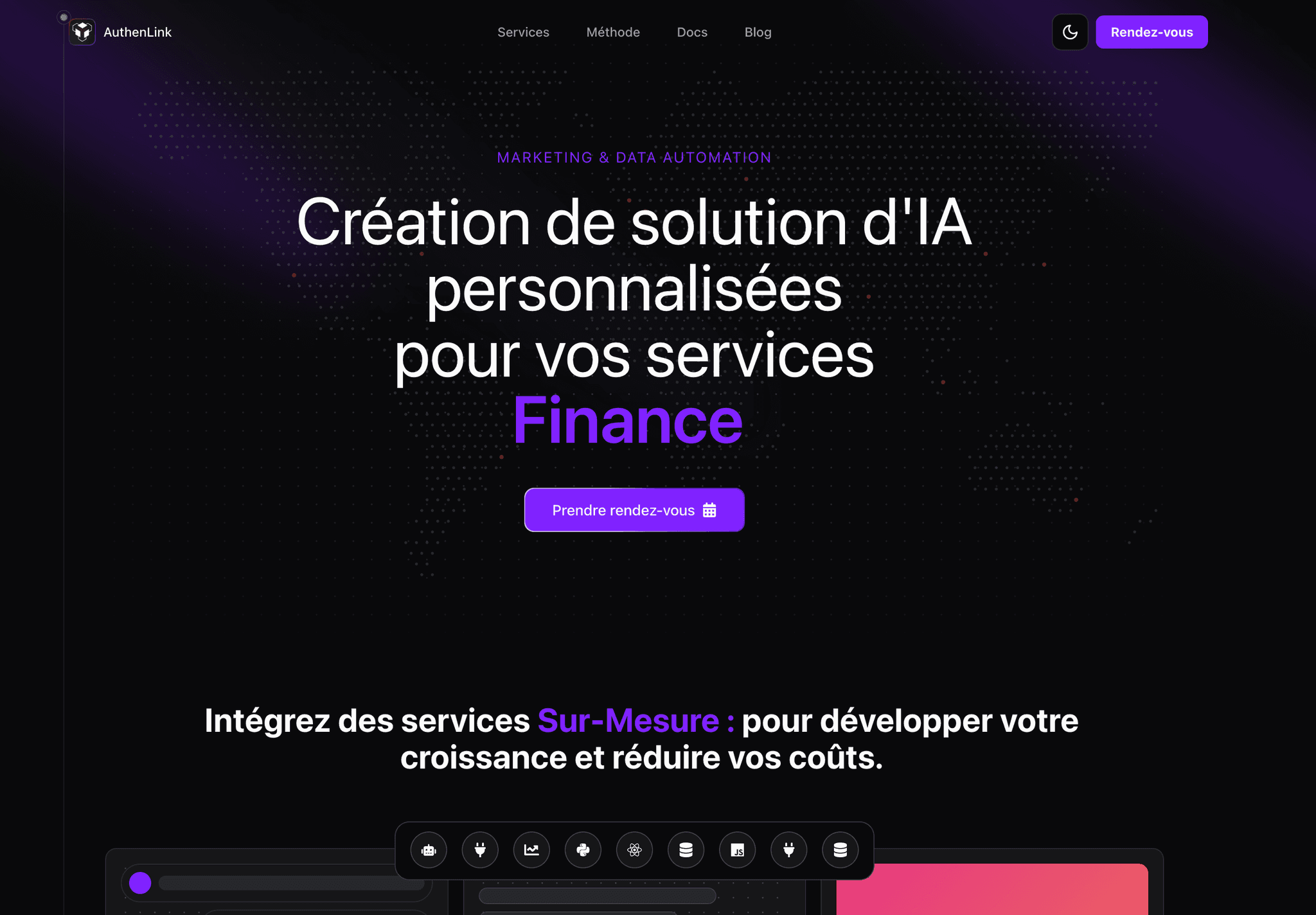 Site web AuthenLink - Plateforme de création d'agents IA sur-mesure et fine-tuning de modèles